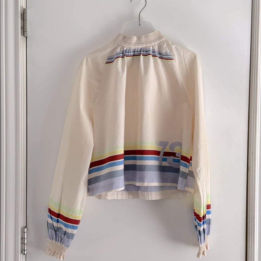 Free People Smocked Neck Blouse with #73, stripes, and open back